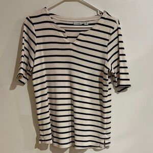 L.L. Bean Black and Cream Striped V-Neck Top